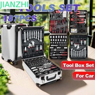 JIANZPH 187Pcs Tool Box Set, Carbon Steel Wheeled Trolley Tools Set, Portable Professional High Hard