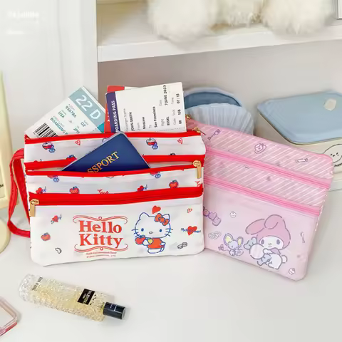 Sanrio Hello Kitty Waterproof Travel Passport Bag - 3 Layer Cartoon Storage Pouch for Documents & Ti