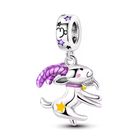 925 Sterling Silver Capricorn Zodiac Goat Charm Purple Enamel Star Sign Dangle Bead Fit Bracelets As