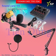 Combo bộ mic thu âm BM900 soud card V8 tiếng anh có chỉnh Auto-tune Chân-màng- tai nghe