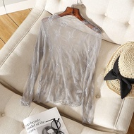 Áo Sơ Mi Ren Đen Cổ Cao Tay Dài Mùa Thu Đông Thanh Lịch Cho Nữ Áo Sơ Mi Trong Suốt Lưới Tay Lửng Ren