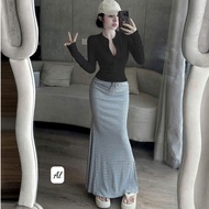 Luxurious lady's set, long-sleeved shirt and fishtail striped skirt set 273(Z4) Mm