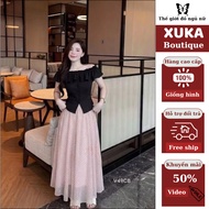 Women's Skirt Set, Off-the-Shoulder Blouse with Flap and Cute Polka Dot Long Flare Skirt Hot Trend H