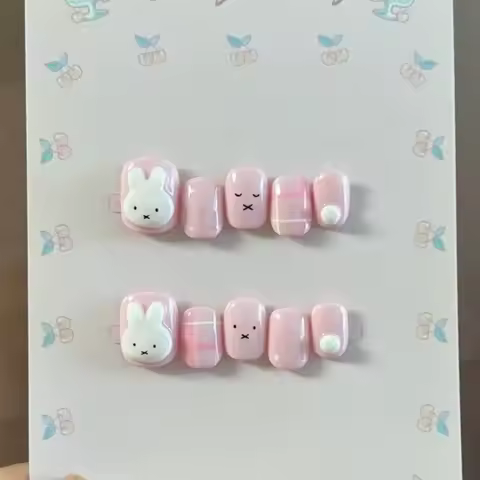 Cartoon Miffy Rabbit Handmade Wearable Nail Art for Cute Children Pink Three-dimensional Short Nails