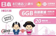 中國聯通 - 【日本】8日 6GB 20分鍾通話 高速4G 無限上網卡數據卡電話卡Sim咭