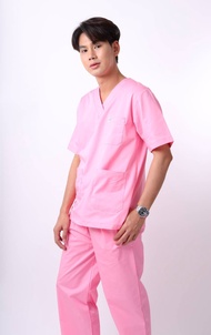ชุดสครับ สครับคอกลม กระดุมไหล่ ชุดเข้าเวร ชุดบุคลากรทางการแพทย์ Scrub Suit ผ้าคอมทวิว 3 กระเป๋า