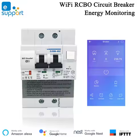 EWelink RCBO 2P WiFi Circuit Breaker Power Monitoring Leakage Protection Smart Breaker Alexa IFTTT C
