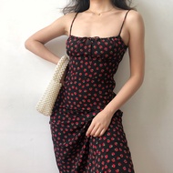 Vintage Bohemian Black Red Rose Floral Dress Women Floral Retro Midi Dress Sleeveless Backless Spagh