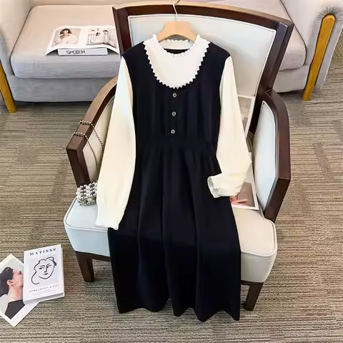 155Kg Plus Size Women's Bust 160 Autumn Winter Long O-Neck Long Sleeved Sweater Dress Black 4XL 5XL 