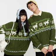 情侶提花費爾島綠色圣诞毛衣 冬季男士麻花針織衫