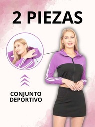 Pack de 2 piezas de conjunto deportivo para mujer chamarra corta y falda con short color al azar