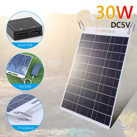 30W 5V Portable Solar Panel Polysilicon Solar Cell Panel Waterproof Solar Plate Dual USB Ports for 3
