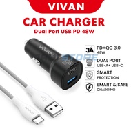Vivan VCC07 Car Charger 48W USB A USB-C Type-C PD Fast Charging QC 3.0 VIVAN VCC07 Car Charger 2 Por