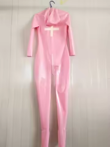 Latex Rubber Gummi Kostum Ganzanzug Catsuit Hood Pink Socks Anzug Size XS-XXL