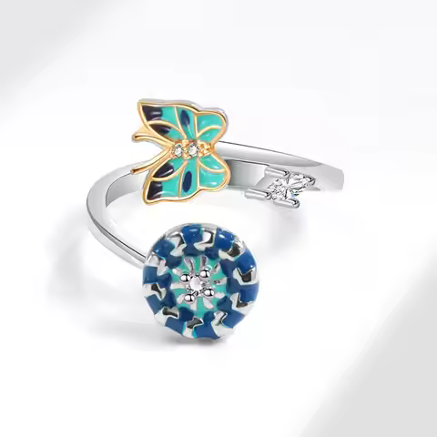 Mini Enamel Butterfly Rotating Anxiety Fidget Rings For Women Crystal Anxiety Relief Spinning Adjust
