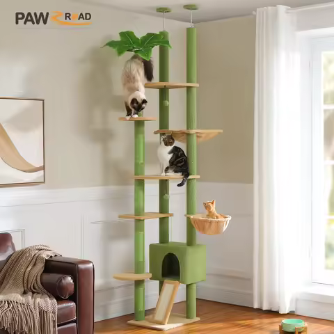 Height 230-252CM Cactus Cat Tree Floor to Ceiling with Green Leaves Tall Tower 7 Tiers Climbing Tree