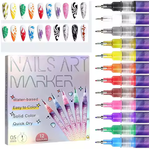 12 Colors Nail Art Pens Set 3D Nail Polish Pen Graffiti Dotting Pen Acrylic Paint Pens Point Liner P