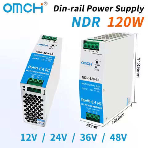 OMCH NDR Series 120W NDR-120-12 NDR-120-48 AC to DC Din-rail Switching Power Supply 100-240VAC Input