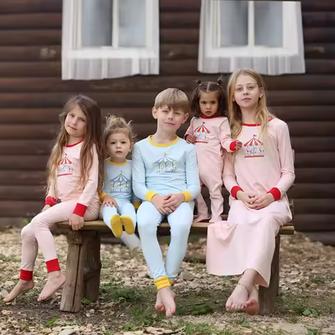 Summer family matching set long sleeve pajamas brother and sister matching pink and blue carousel so
