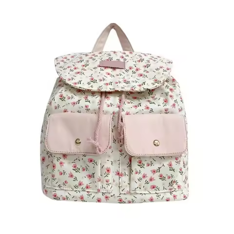 Women Girls Sweet Floral Double Pockets Shoulder Bag Japanese Aesthetic Small Backpack Casual Studen