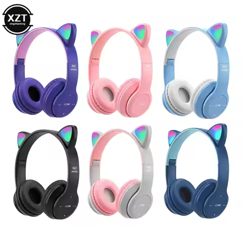 Cute Cat Ear Bluetooth-compatible Headset with LED Wireless Headset Children Girls Gift Stereo Music