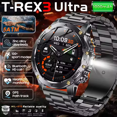 2025 New Military T-Rex 3 Ultra 1000mAh Battery Smart Watch 5ATM Waterproof Flashlight Heart Rate Sp