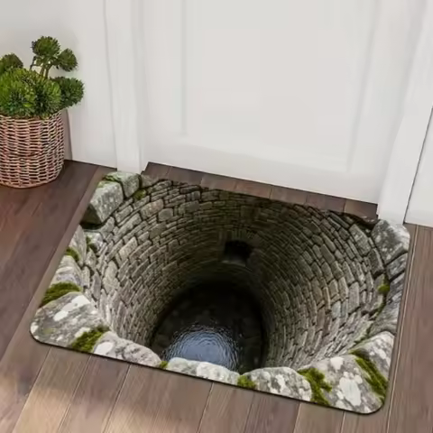 3D Stone Well Flannel Rug Printed Carpet Indoor Decorative Entryway Floor Mat Anti Slip Soft Optical