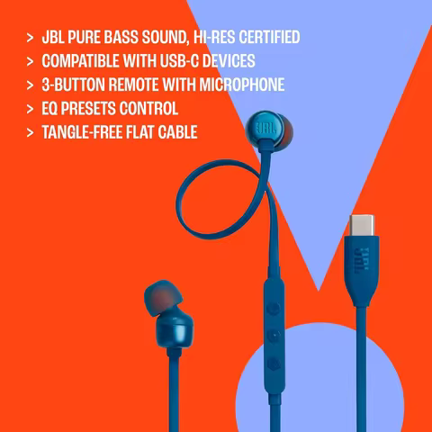 JBL T310C wired headphones with Type-C interface, compatible with audio accessories Ideal for music 