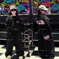 Set of fur-lined round-neck sweatshirt with TPKIDS flag-shaped 2-skin felt down-leg pants for childr