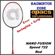 (Siap Pasang Tali 4 knot + Foc Grip) Apacs Nano Fusion Speed 722 (Black Red)(6UG2) Original Badminton Racket