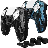Fosmon Silicone Skin Case for Sony PS5 DualSense Controller (2 Pack - Camouflage Black/Blue) Sweatproof Protective Case Cover with 8 x Pro Thumb Caps