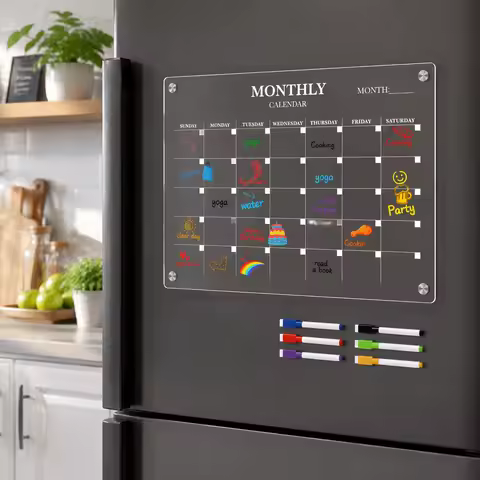 Magnetic Acrylic Calendar for Fridge Refrigerator Monthly Dry Erase Board Glass Clear Planning White