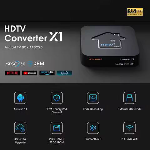 GTMEDIA HDTV Converter X1 ATSC3.0 4K HDR Android 11 TV BOX ATSC Smart Decoder DVR Recording Free, Su