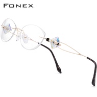 FONEX ลวดไทเทเนียมไร้ขอบแว่นตาผู้หญิงแว่นสายตาแบบเบากรอบเพชรตัดกรอบเกี่ยวกับสายตาสั้นแว่นตา7714