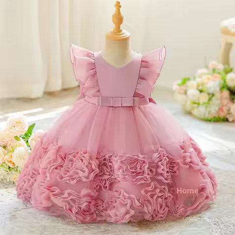 Princess Skirt Children's Puffy Sleeve Lace Wedding Flower Girl Dress Baby Christening Ceremony Outf