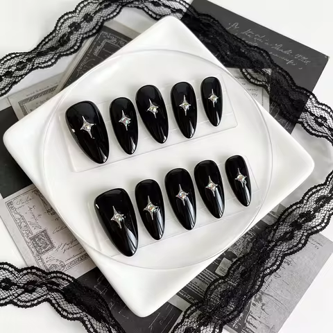 10pcs Black Almond Press on Nails Handmade Acrylic Fake Nails Milky Way Stars Short Wearable False N