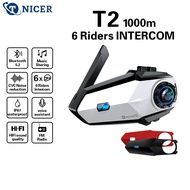 TNICER T2 Motorcycle Bluetooth Headset 1000m 6-people Intercom Noise Reduction Music Sharing