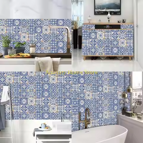 F26C Blue and White Porcelain Tile Sticker 24pcs Adhesive Home Kitchen Smooth