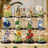 Eternal Bloom Bouquet Building Blocks - Creative Floral Glass Cover Display - Ideal Valentine/Birthd
