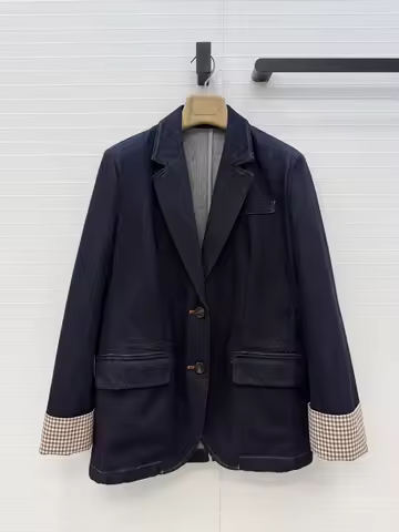 Spring and Summer Women's New Plaid Sleeve Denim Suit Rear Collar Copper Chain Decorative Waist Wome