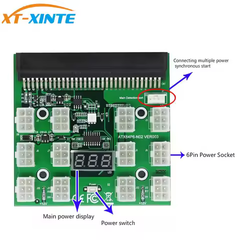 PCI-E 12V 64Pin to 12x 6Pin Power Supply Server Adapter Breakout Board for HP 1200W 750W PSU GPU
