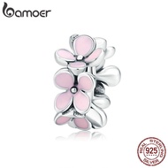 BAMOER Silver 925 Pink Enamel Flower Charm for Women Original Bracelet Bangle DIY Jewelry Beads SCC1484
