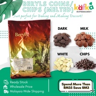 MELTED Beryls Chocolate Compound Coins / Chip 500g 1kg DARK MILK WHITE Baking Chocolate Coklat Masak