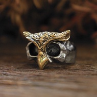 純銀925 貓頭鷹面具戒指 - 金色點綴 哥德風格 中性設計