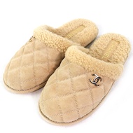 全新未使用 CHANEL 2023秋冬 G45121 Coco Mark Matelasse Boa 拖鞋/穆勒鞋，米色，36碼，義大利製造