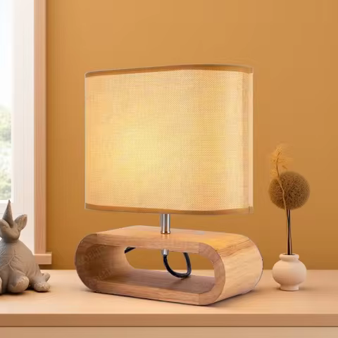 ADELIER Wood base table lamp cloth lampshade E27 light fixture for living room bedroom bedside readi