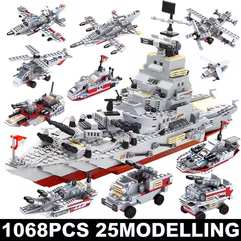 1068 PCS Military 8 IN 1 Army Ocean Cruiser Warship Building Blocks Aircraft Weapon Ship Bricks City