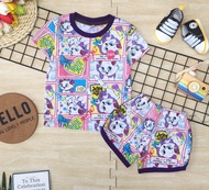 [2I KidsClothes] ชุดเด็ก ชุดนอนเด็ก งานผ้าพิมพ์ลายอย่างดี ลายการ์ตูน แมวมาลี ตาราง (โทน สีชมพู ม่วง)