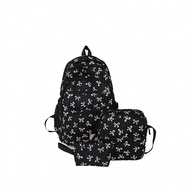 3pcs Nylon Bow Print Backpack Set, Foldable Multi-Po Cket Large CapacityWater-Resistant Zipper Backp