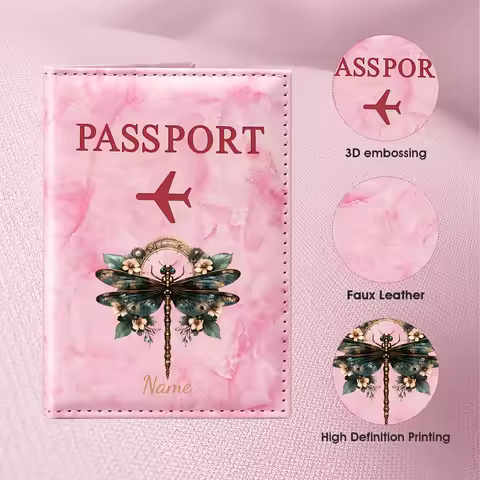 Custom Name Vintage Insect Art Design PU Passport Holder, Blend of Dragonfly And Floral Elements Tha